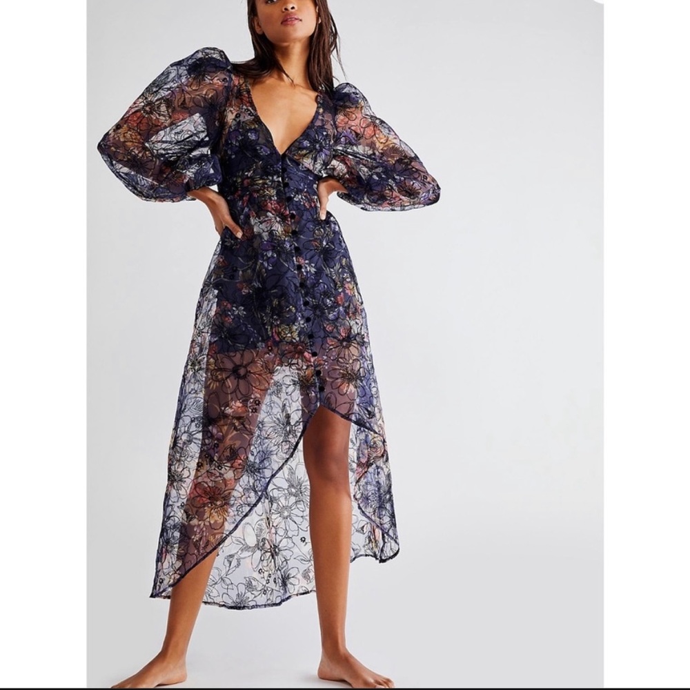 Floral Sheer Midi Dress - Navy